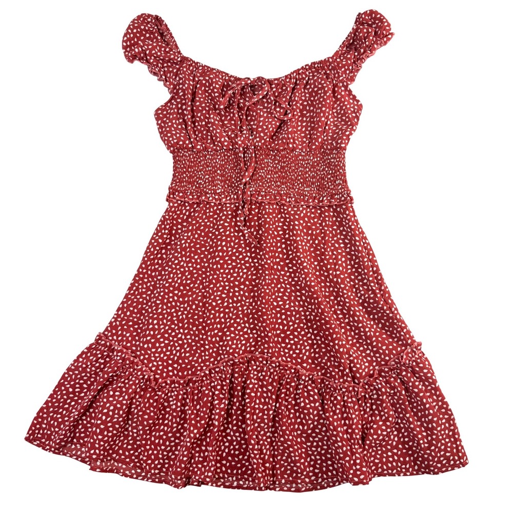 Rust Red White Petal Print Smocked Waist Ruffle Mini Dress Boho Milkmaid Country